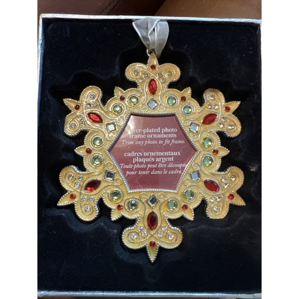 Snowflake Christmas Ornament Photo Frame Silver Plated Red Green Crystals New